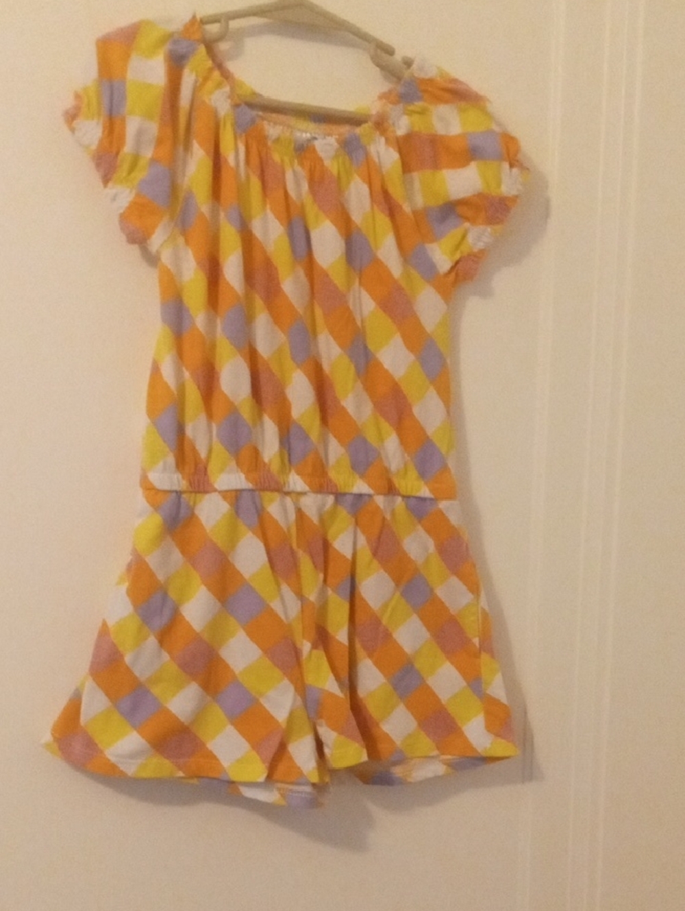 Bright Checkered Summer Romper in Yellow, Orange & Lilac size 7